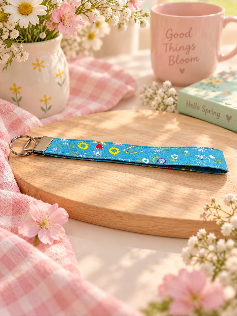 Blue Floral Keychain Wristlet